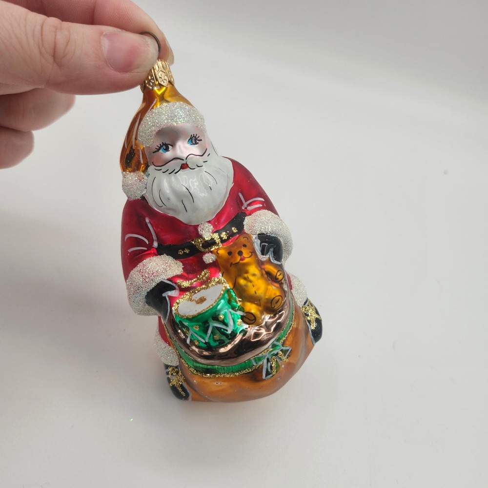 Vintage Italian Santa‎ Christmas Ornament Glass Teddy Bear Drum Gift Bag Glitter